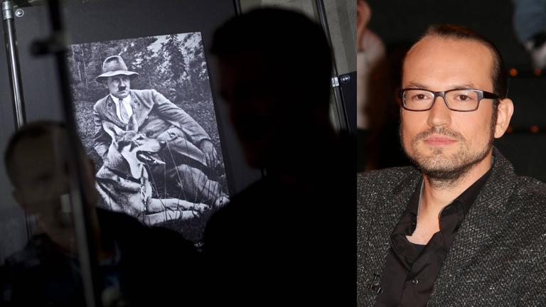 Jan Monhaupt, "Tiere im Nationalsozialismus" Zu sehen ist ein Portrait des Autors und ein Foto von Adolf Hitler mit seiner Schäferhündin Blondi