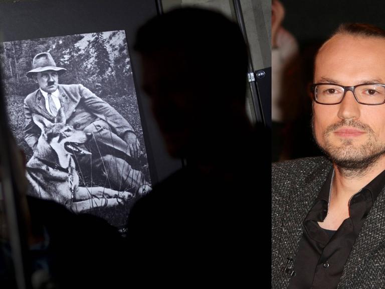Jan Monhaupt, "Tiere im Nationalsozialismus" Zu sehen ist ein Portrait des Autors und ein Foto von Adolf Hitler mit seiner Schäferhündin Blondi