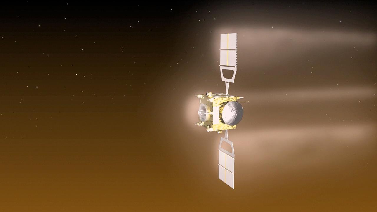 Die Raumsonde Venus Express beim allmählichen Eintauchen in die Atmosphäre des Planeten (Animation)
