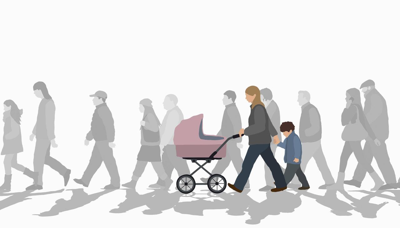 Illustration: Eine Frau mit Kinderwagen und einem Jungen an der rechten Hand, geht in einer Menschenmenge