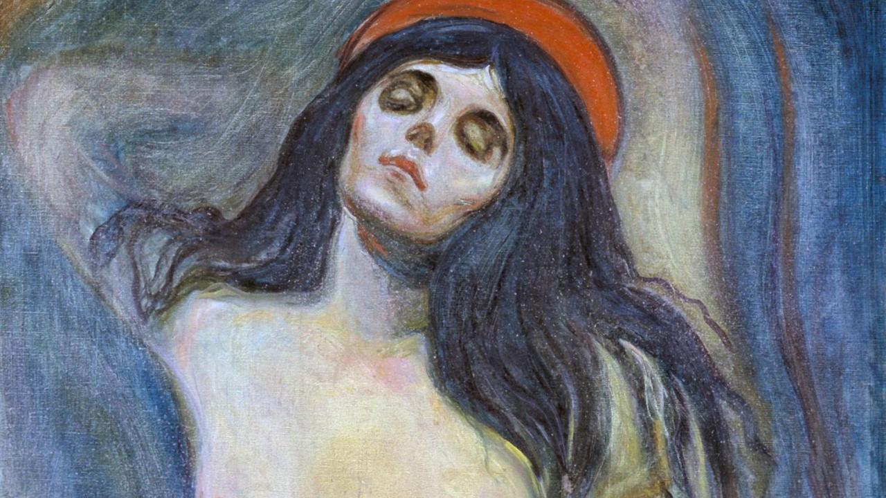 Gemälde einer Frau mit nacktem Oberkörper die mit leicht geschlossenen Augen sich nach hinten beugt und umgeben ist von roten und blauen Farben.