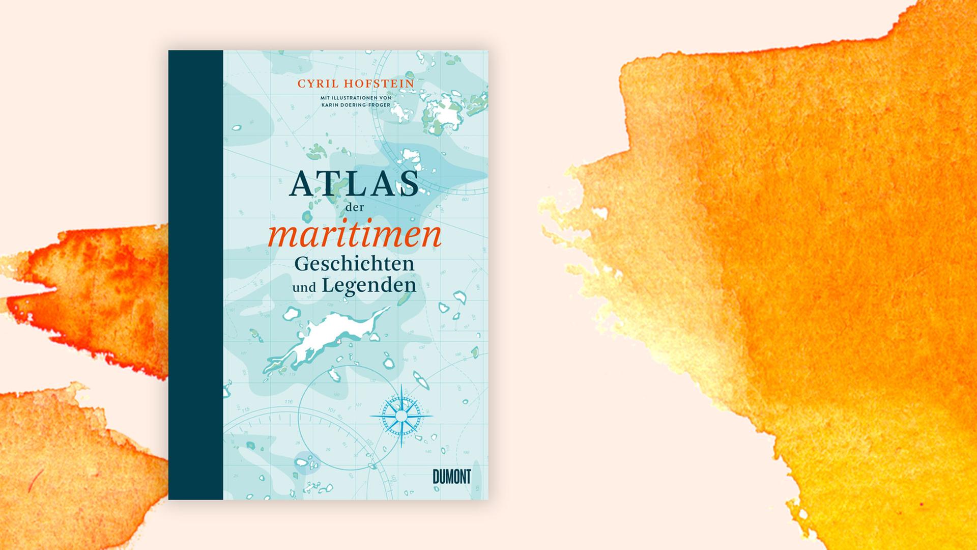 Cover des Buchs "Atlas der maritimen Geschichten und Legenden" vor orangerfarbenem Aquarellhintergrund. Das Cover zeigt die Karte eines Meeres.