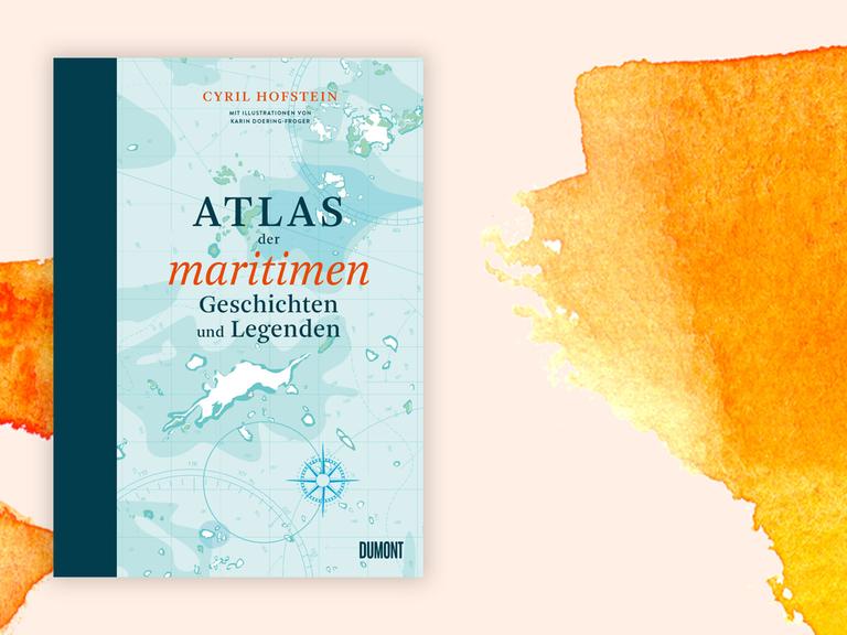 Cover des Buchs "Atlas der maritimen Geschichten und Legenden" vor orangerfarbenem Aquarellhintergrund. Das Cover zeigt die Karte eines Meeres.
