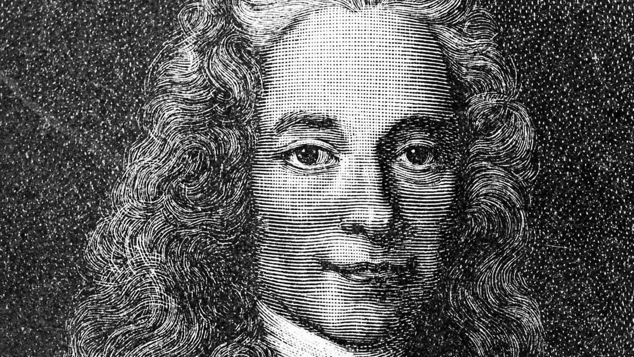 Zeitgenössischer Stich des französischen Schriftstellers und Philosophen Francois Marie Arouet Voltaire. Er wurde am 21. November 1694 in Paris geboren und starb am 30. Mai 1778 ebendort.