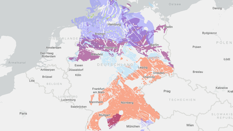 Die Karte zeigt die Flächen, die nach rein geologischen Kriterien als Endlager in Frage kommen. Eingefärbt sind sie nach der Art des Gesteins.