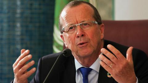 U.N. envoy for Libya Martin Kobler speaks during a press conference following a meeting on Libya at the Arab League headquarters, in Cairo, Egypt, Saturday, March 18, 2017. (AP Photo/Amr Nabil) |