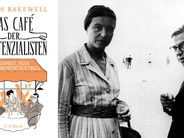 Links: Buchcover von Sarah Bakewells "Das Café der Existenzialisten, rechts: Simone de Beauvoir und Jean-Paul Sartre im Jahr 1960.