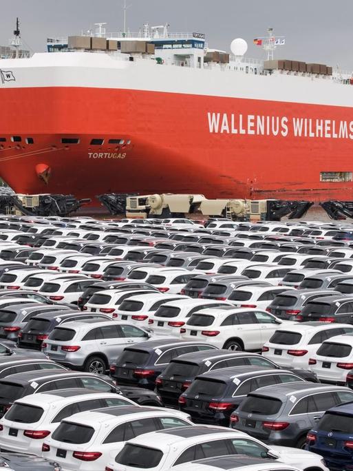 Neufahrzeuge von Mercedes-Benz stehen vor der Verladung auf ein Schiff in Bremerhaven