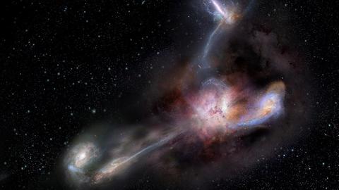 Künstlerische Darstellung der extrem leuchtkräftigen Galaxie W2246, die mit drei kleineren Galaxien verschmilz