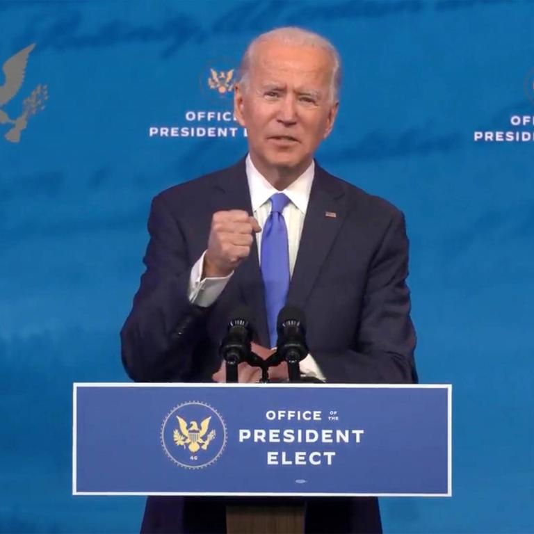 Der gewählte US-Präsident Joe Biden gibt am Montag, 14. Dezember 2020, Wilmington USA.