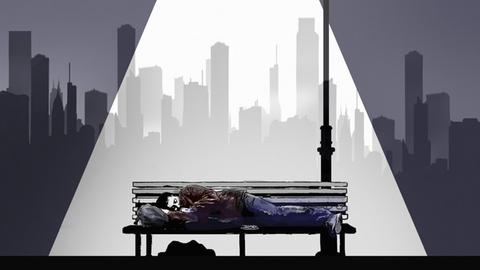 Illustration: ein Laternenmast beleuchtet einen Obdachlosen auf einer Bank.