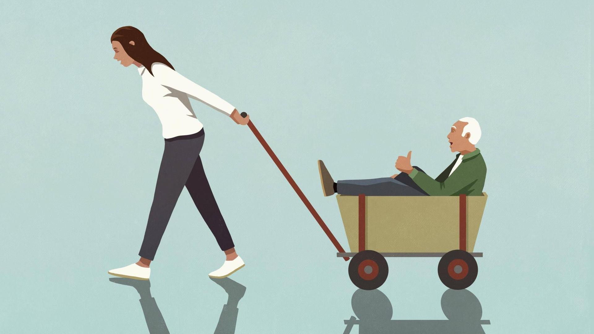 Eine Illustration zeigt eine Frau, die einen älteren Herrn in einem Bollerwagen zieht.