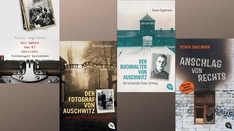 Buchcover (vlnr): Reiner Engelmann: „Wir haben das KZ überlebt. Zeitzeugen berichten“, „Der Fotograf von Auschwitz. Das Leben des Wilhelm Brasse“, „Der Buchhalter von Auschwitz. Die Schuld des Oskar Gröning“, „Anschlag von Rechts“