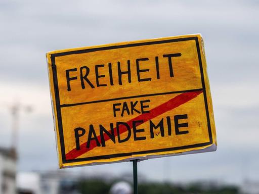 Schild mit Aufschrift "Freiheit" und durchgestrichen "Fake Pandemie" bei einer Demonstration in München.