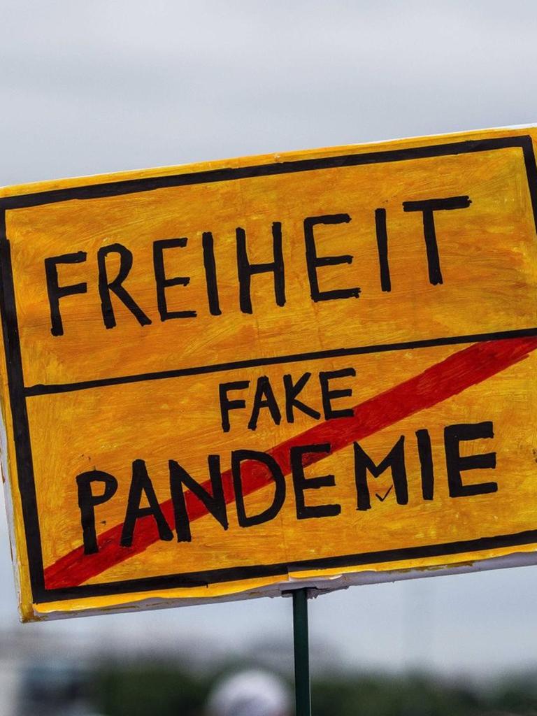 Schild mit Aufschrift "Freiheit" und durchgestrichen "Fake Pandemie" bei einer Demonstration in München.
