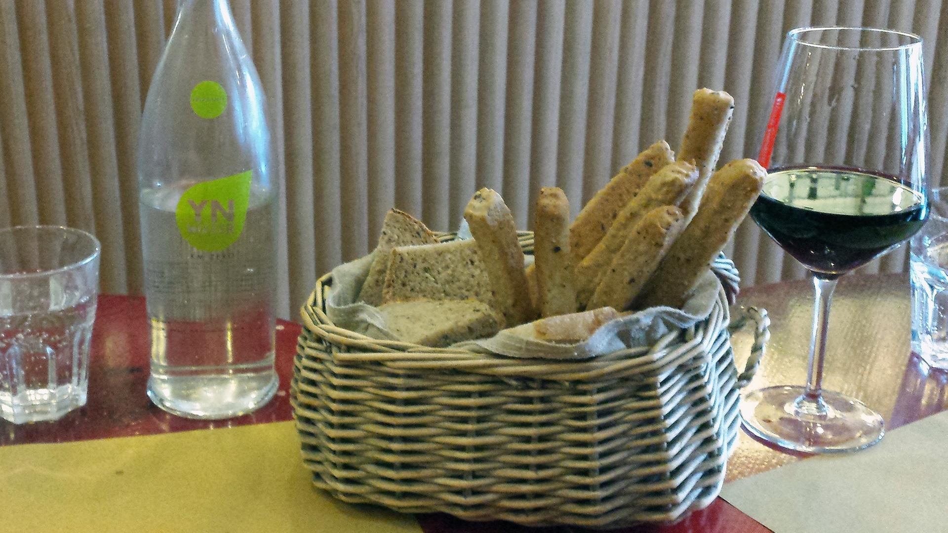 Ein Brotkorb mit einer Flasche und einem Glas Wasser, dazu ein Glas Wein.