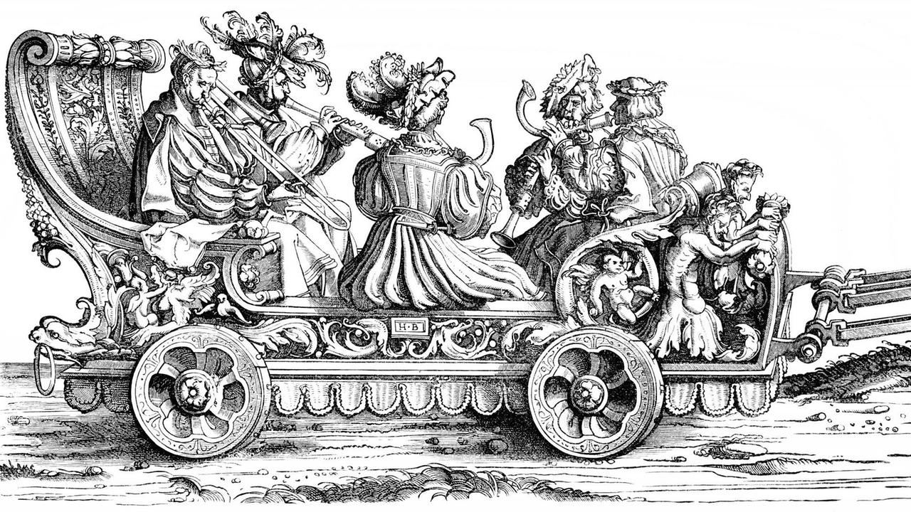 Schwarz-weiß Bild, Holzschnitt, Musiker mit langen Blasinstrumenten befinden sich auf einem festlichen Wagen, sie tragen Hüten mit langen Federn, auf dem Wagen sind Putten angebracht, vorne befinden sich zwei kleine Teufelsfiguren 