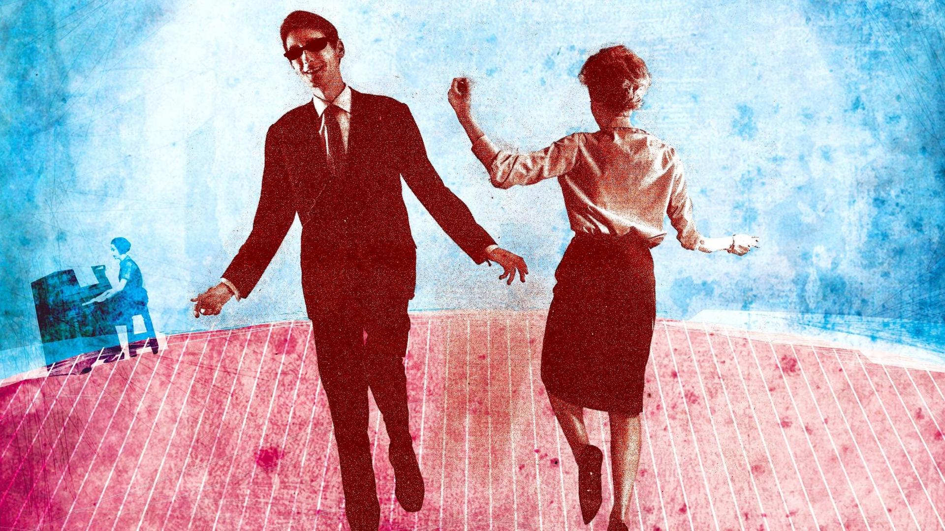 Ein Mann im Anzug und mit Sonnenbrille und eine Frau in Rock und Bluse tanzen auf einem rötlichen Bretterboden, der Mann mit dem Gesicht zum Betrachter, die Frau mit dem Gesicht zur blauen Wand im Hintergrund. Hinten links sitzt eine Pianistin an einem Klavier.