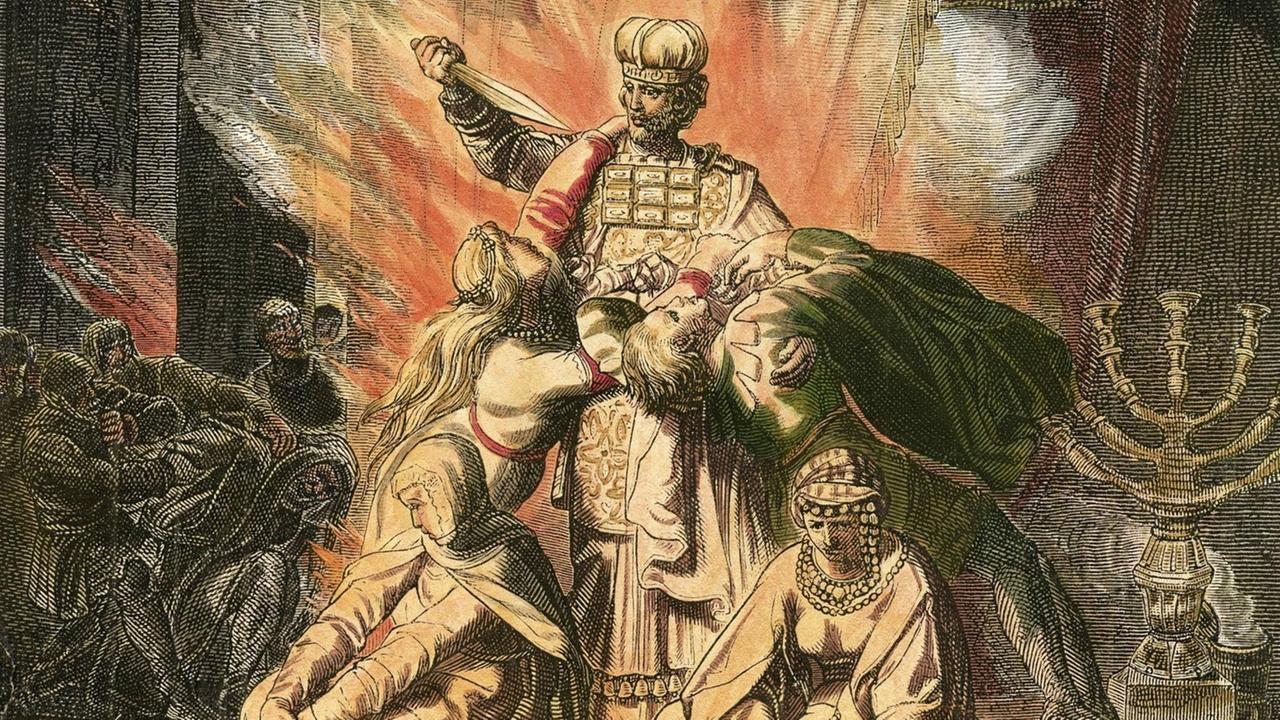Holzstich aus Hottenroth "Geschichte des Judentums" zeigt im Hintergrund ein großes Feuer, im Vordergrund eine verzweifelte Gruppe Menschen, mit einem König an ihrer Spitze. Er hält ein Schwert. 