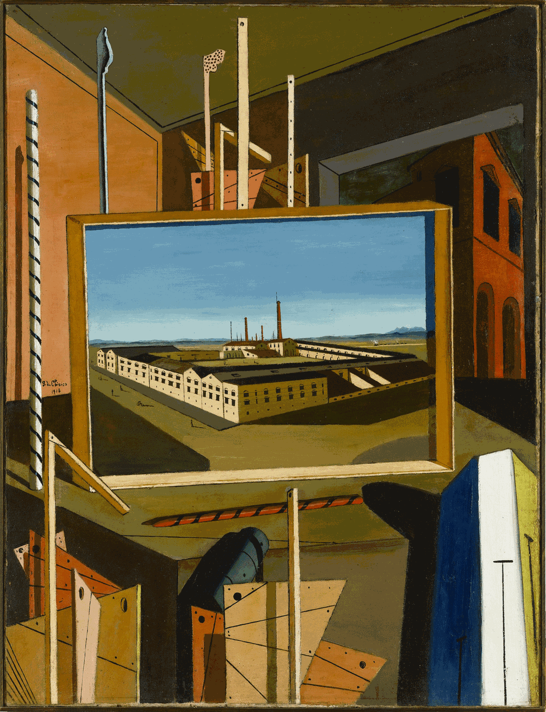 Giorgio de Chirico, Metaphysisches Interieur mit großer Fabrik, 1916, Öl auf Leinwand,
