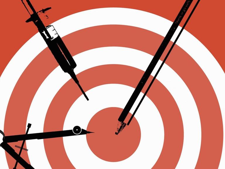 Illustration einer Spritze, Bleistift und Zirkel auf einer Zielscheibe.