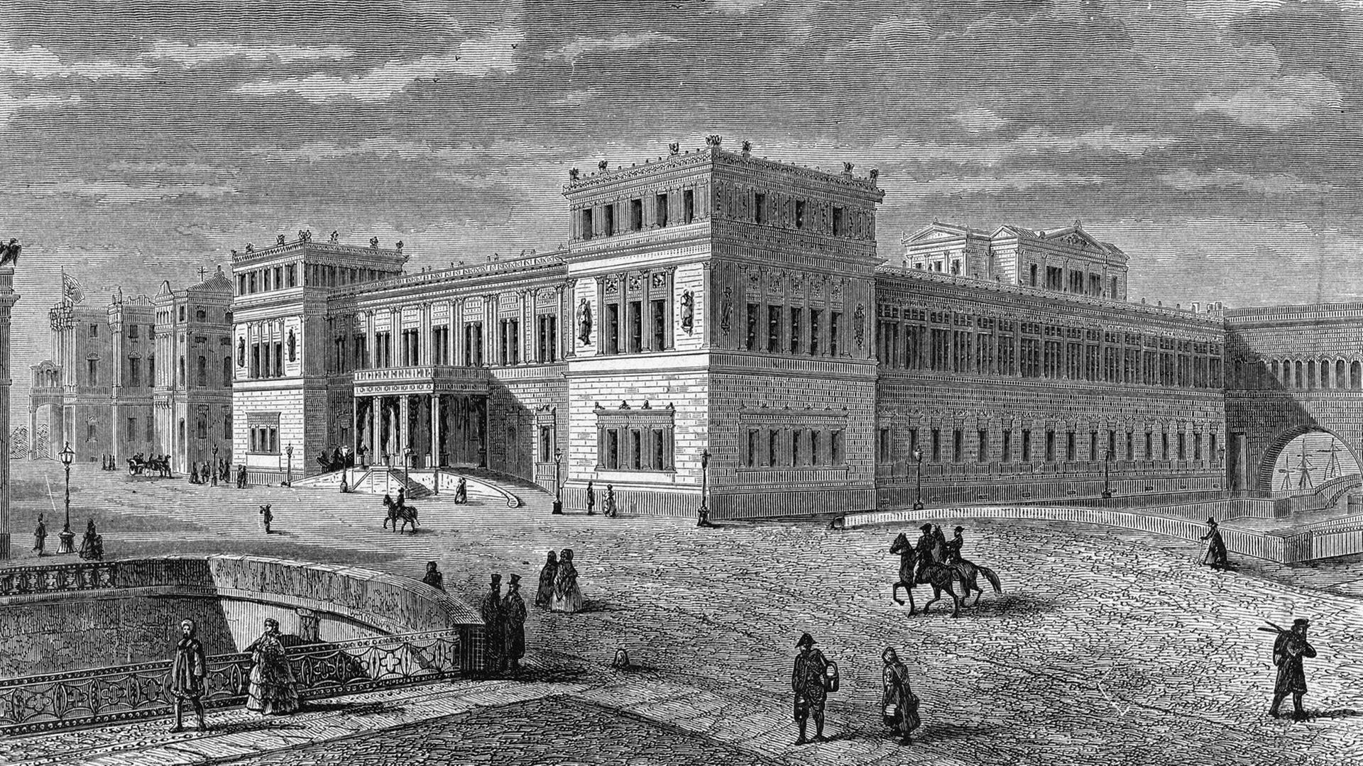 St. Petersburg, Eremitage von Leo von Klenze - Holzstich, um 1860.