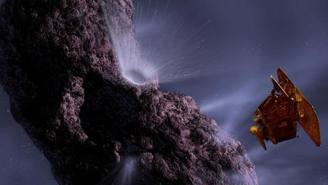 Die Nasa-Sonde Deep Impact schießt ein Geschoß in den Kern des Kometen Tempel-1.
