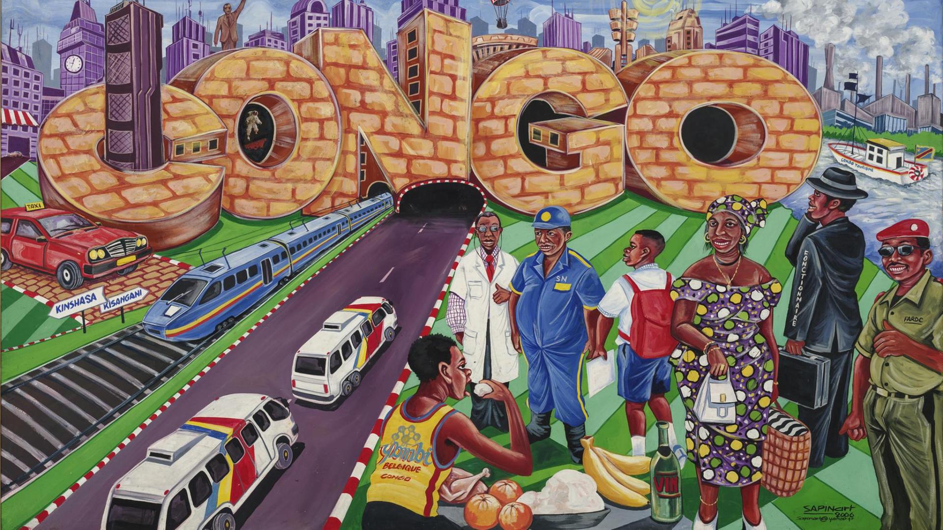 Im Hintergrund steht das Wort Congo aus Ziegeln gebaut vor einer Stadtkulisse. Im Vordergrund zeigen sich unterschiedliche Menschen in Arbeitskleidung und städtischer Nahverkehr.