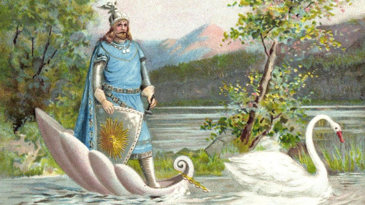 Ein Ritter steht auf einer Muschel und wird von einem Schwann über das Wasser gezogen.