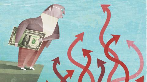 Geschäftsmann hält Geldscheine und steht vor einem Wirrwarr aus Pfeilzeichen