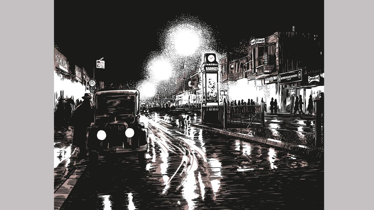 Bild aus dem Buch "Es wird Nacht im Berlin der Wilden Zwanziger": nächtliche Straßenszene  in Schwarz-Weiß mit einem Auto im Vordergrund