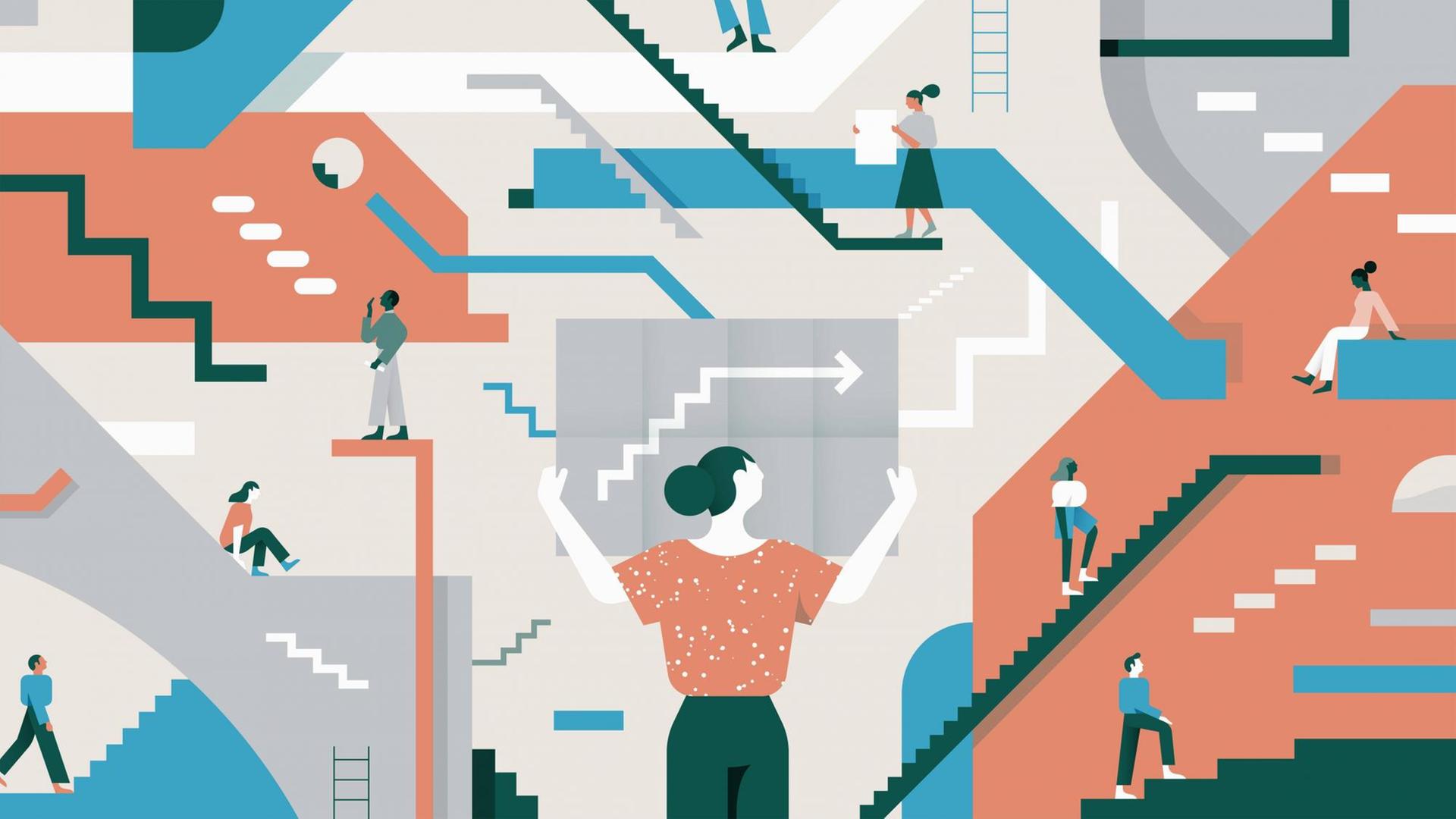 Illustration von Menschen vor und in einem Labyrinth aus Treppen und Gängen.