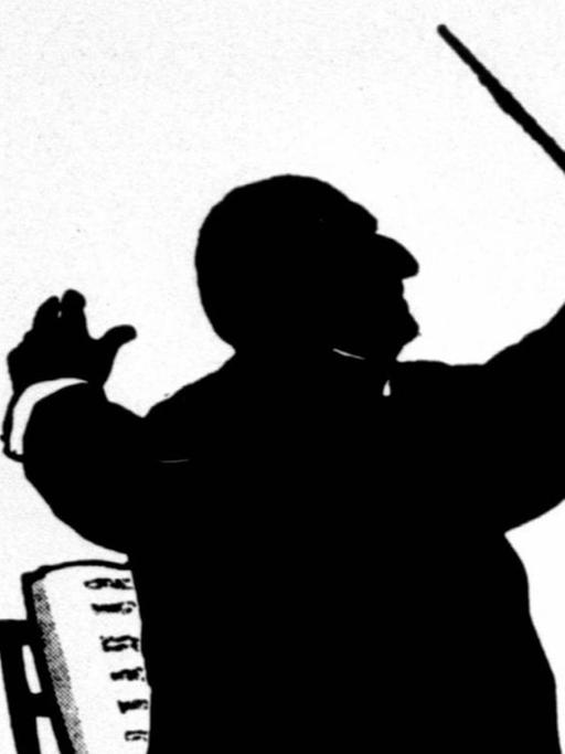 Schattenriss von Otto Böhler des dirigierenden Anton Bruckner , der kahlköpfig seinen Dirigentenstab in die Höhe streckt.