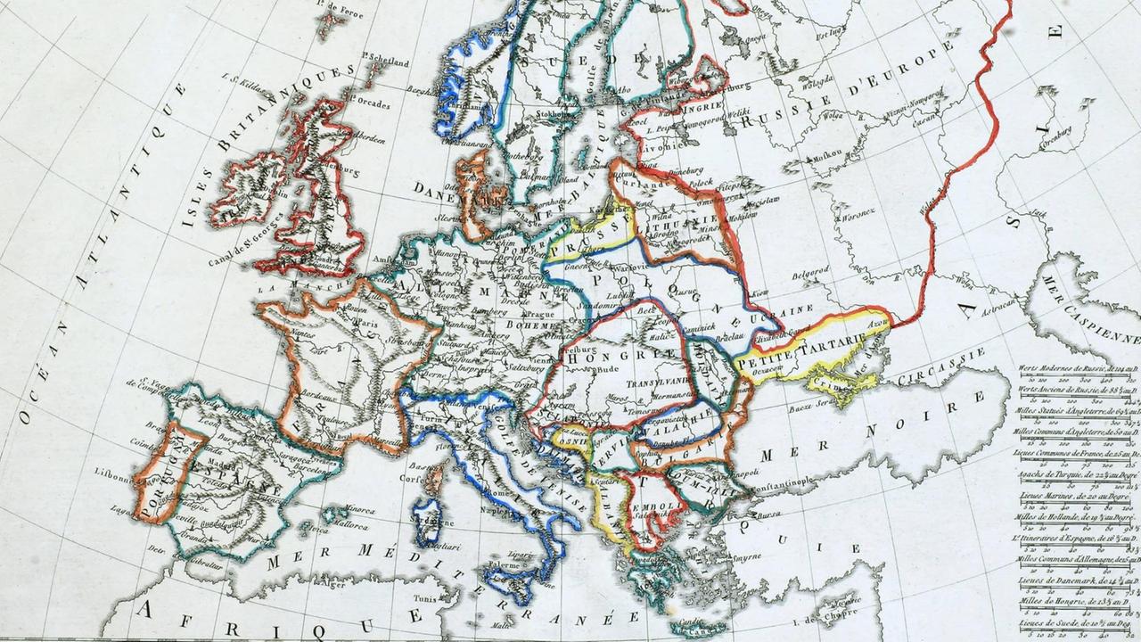 Eine französische Karte Europas mit teils noch erheblich anderen Grenzverläufen.