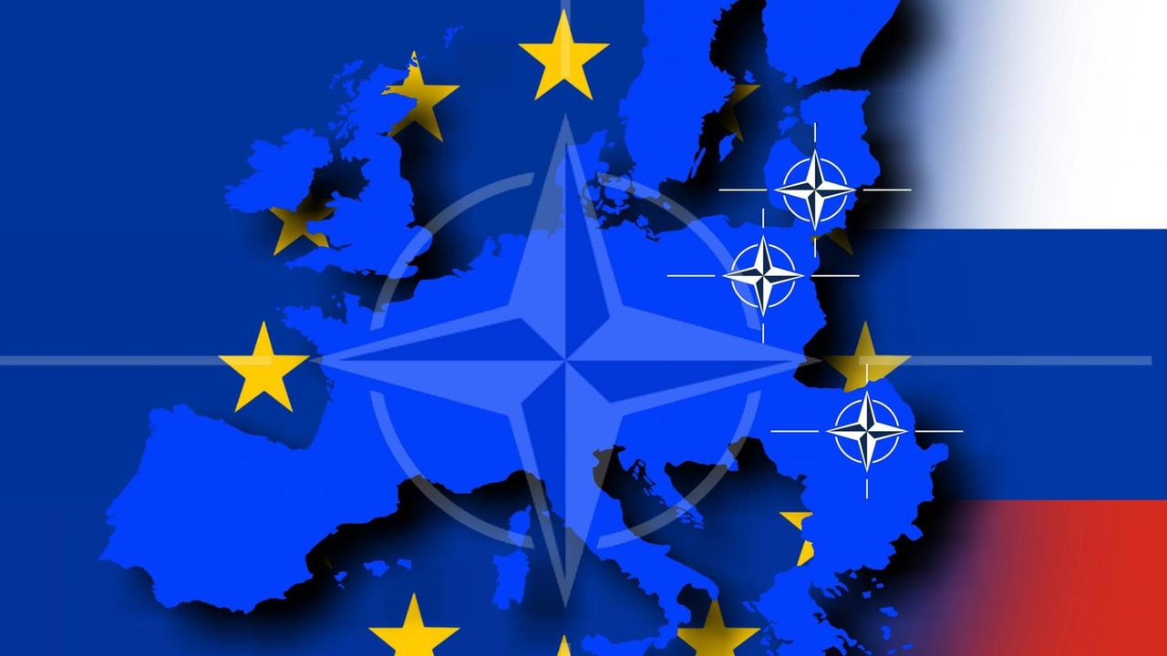 Umrisse der EU mit Nato Emblem und russischer Flagge (Symbolbild zum Thema)