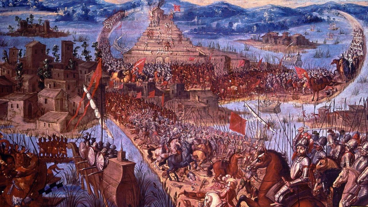 Ein Gemälde, das die Eroberung von Tenochtitlán durch die Armee von Hernán Cortés zeigt.