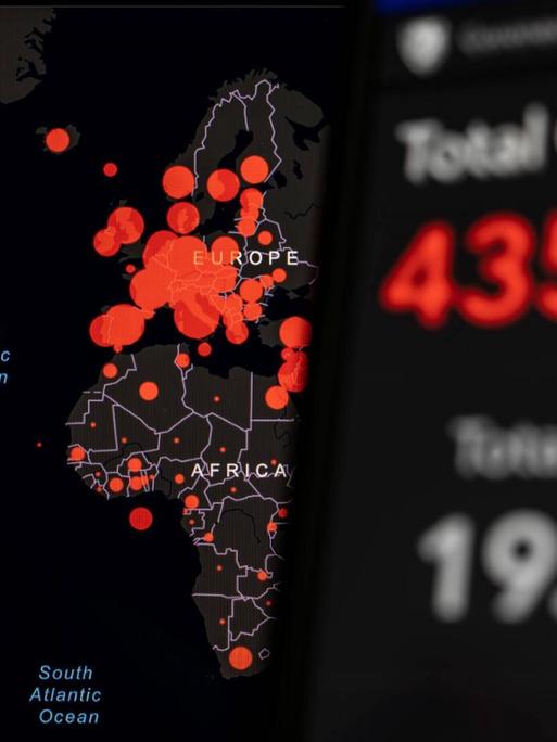 Eine digitale Karte zeigt Zahlen und Ausmaß der Corona-Epidemie.