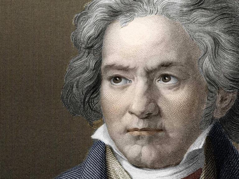 Nachkolorierte Porträtzeichnung des Komponisten mit aufgewühltem Haar.