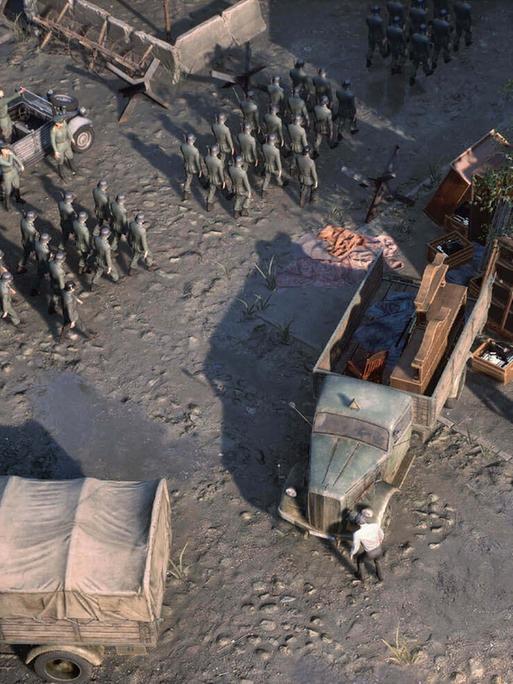 Im Still aus "War Mongrels" sind aus einer Vogelperspektive aufmarschierende Wehrmachtssoldaten zu sehen.