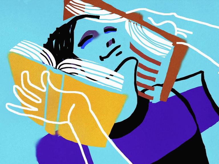 Illustration von einem Mann, der an beiden Seiten seines Gesichts zwei Bücher lächelnd gegen sich drückt.