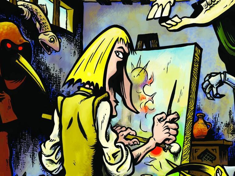 Das Cover der Hieronymus Bosch-Comic-Biografie. Hieronymus Bosch sitzt, den Rücken zugewandt, vor einer Staffelei und mahlt. Ihn umgeben mehrere bedrohliche Gestalten aus der Hölle.