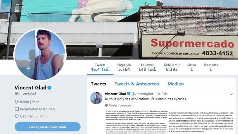 Twitteraccount des französischen Journalisten und "Ligue du LOL"-Gründer Vincent Glad. Am 10. Februar 2019 twitterte er: "Ich schulde Ihnen Erklärungen. Und vor allem Entschuldigungen."
