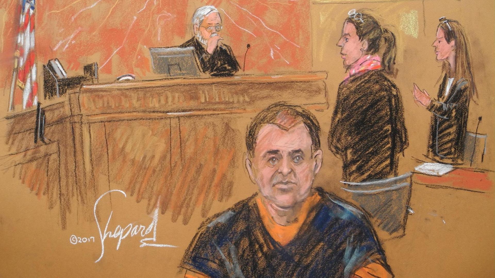 Gerichtszeichnung des Prozesses gegen den Drogenboss Joaquin Guzman, bekannt als "El Chapo". 