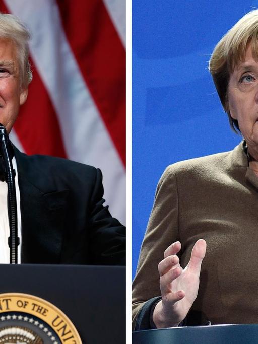 Die Kombo zeigt den neuen US-Präsidenten Donald Trump und Bundeskanzlerin Angela Merkel