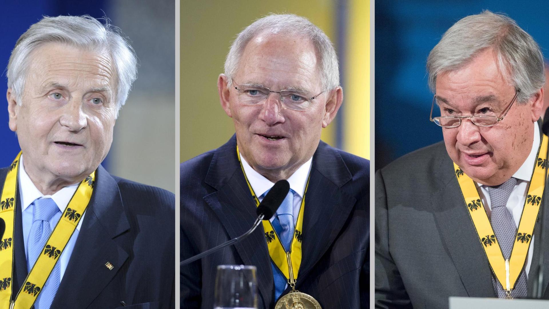 Fotocollage: Jean-Claude Trichet (l), Wolfgang Schäuble und António Guterres bei der Verleihung des Karlspreises.