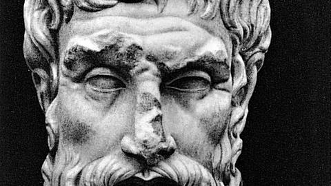 Abbildung einer Büste, die das Porträt des griechischen Philosophen Epikur (341-270 v.Ch.) zeigt.