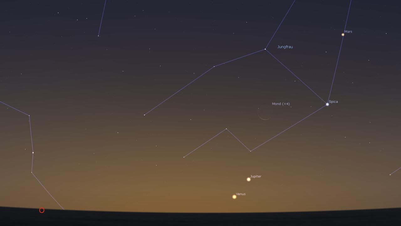 Die Mondsichel, Venus, Jupiter, Spica und Mars am 16. November kurz vor Sonnenaufgang