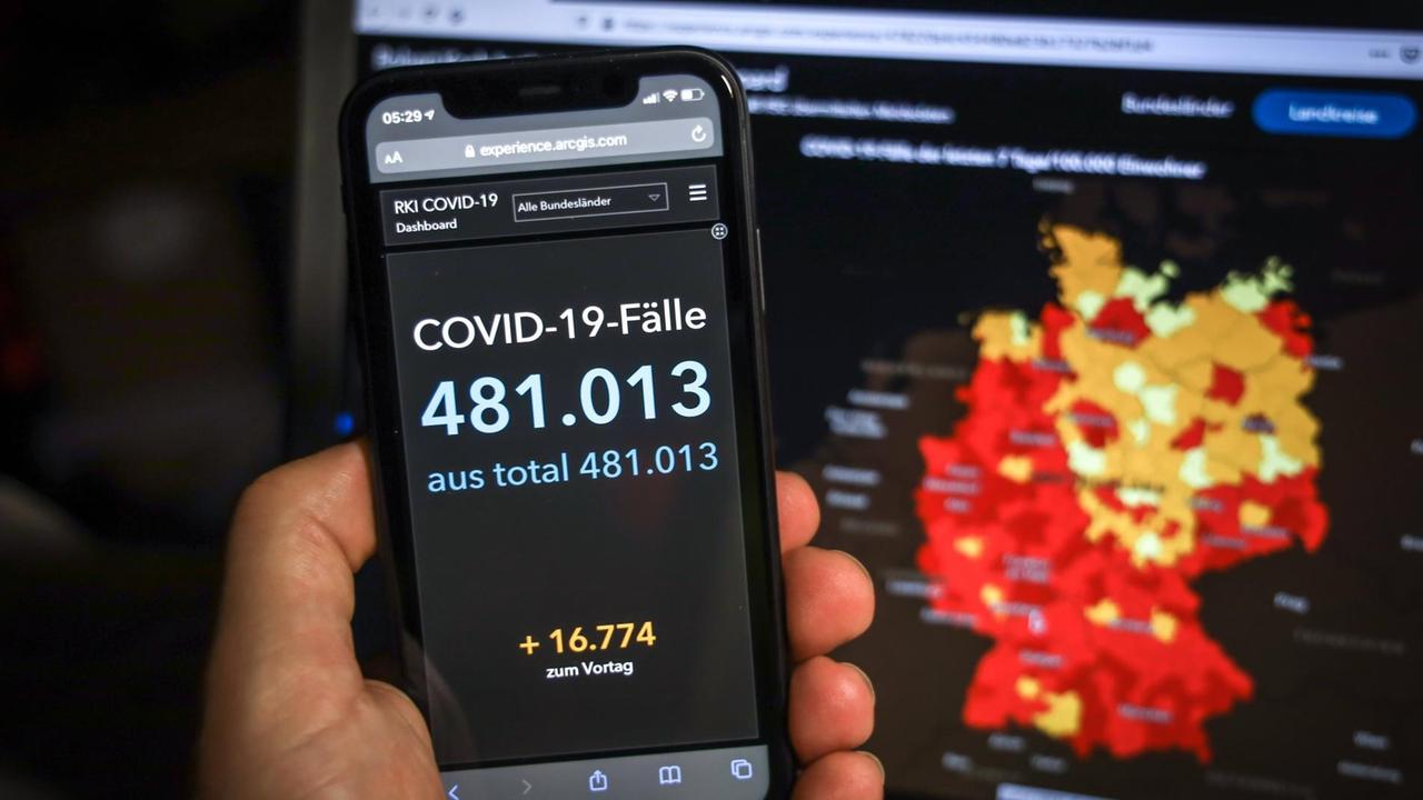 COVID-19-Dashboard des Robert Koch-Institut (RKI) zeigt am 29.10.2020 die Zahl der gemeldeten Neuinfektionen binnen eines Tages: 16.774