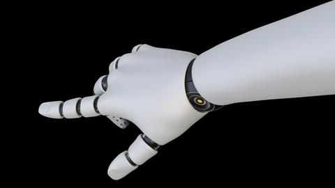 Eine weiße Roboterhand hat ihren Zeigefinger ausgestreckt.
