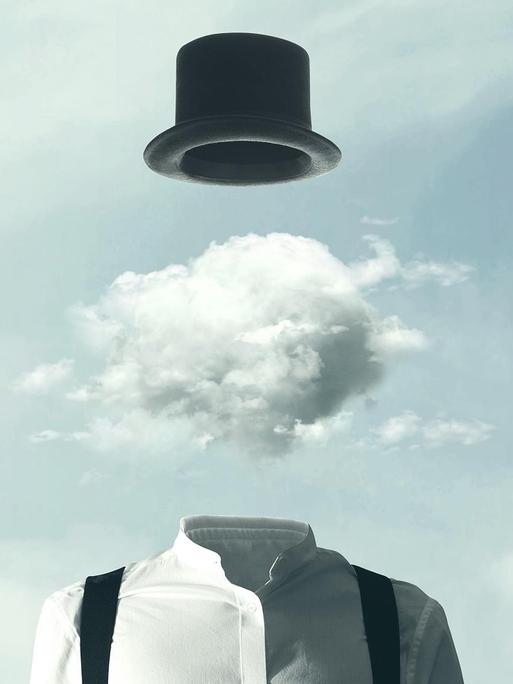 Surreale Illustration: eine Wolke zwischen Hut und Körper eines Menschen.